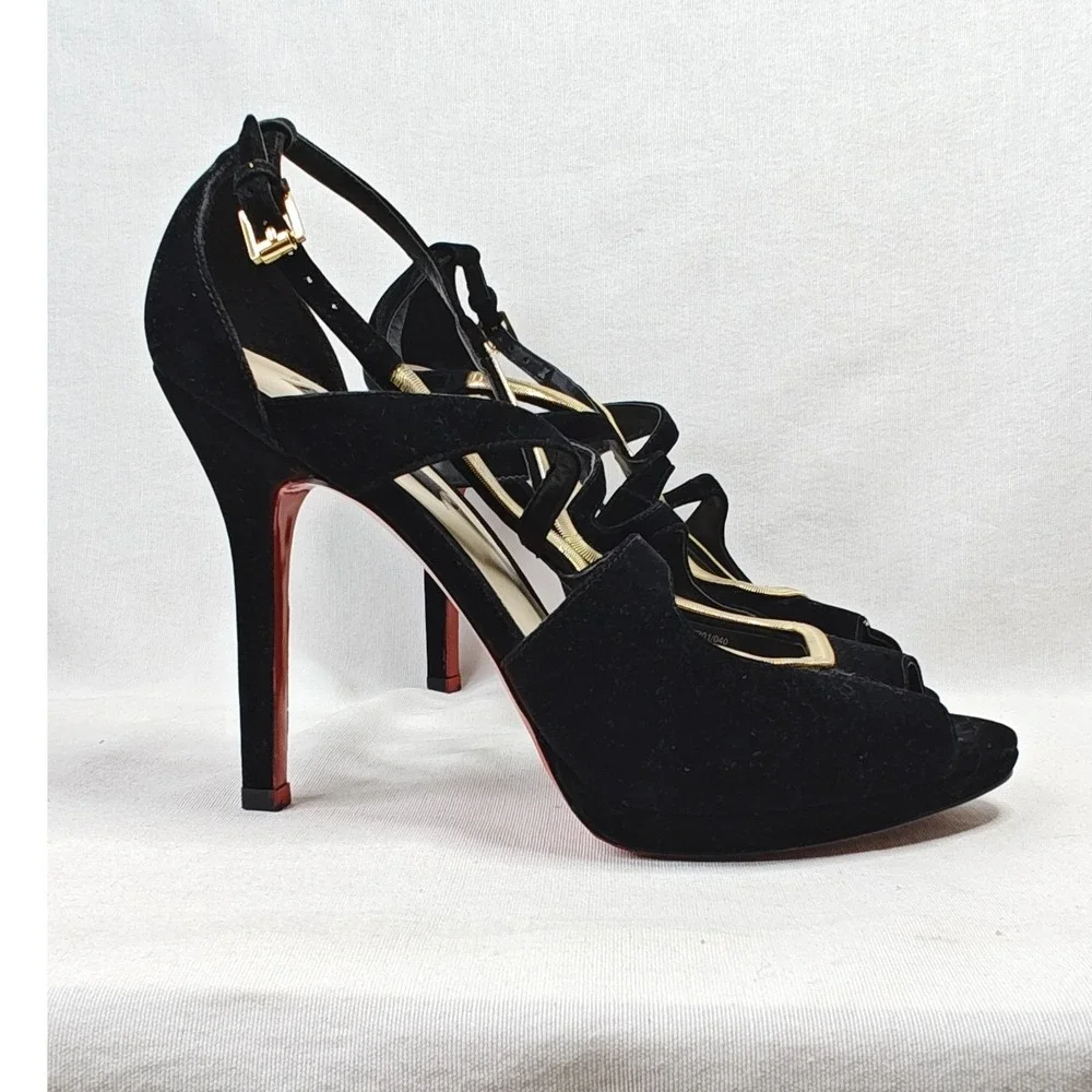Zara Platform‎ Heels EU 40 Black Gold Snake Chain Strappy Peep Toe Red Sole